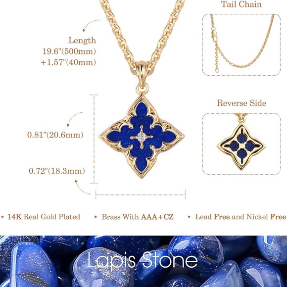 Gold Lapis Stone Clover Necklace - Picture 5 of 5